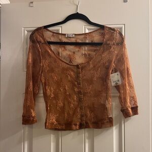 Free People Sheer Lace Button-Up Top - Tan